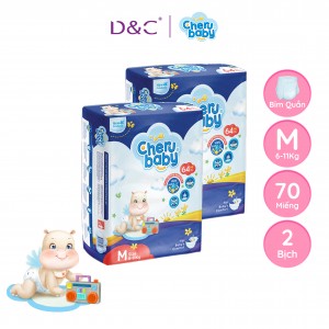 Combo 2 bịch Tã/Bỉm Dán CHERUBABY Thấm Hút Tối Đa, Siêu Mỏng, Bề Mặt Giải Phóng Nhiệt Size M Cho Bé 6kg-11kg 70 Miếng